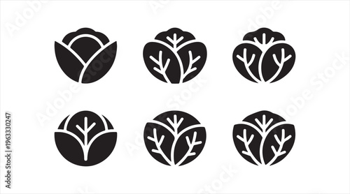 Minimal cabbage silhouette icons set, black leafy vegetable symbols isolated on clean background for food design