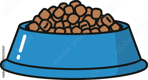 Blue Pet Food Bowl Filled with Kibble, Hand-Drawn Vector Illustration for Pet Care, Animal Supplies, and Dog or Cat Food Designs
