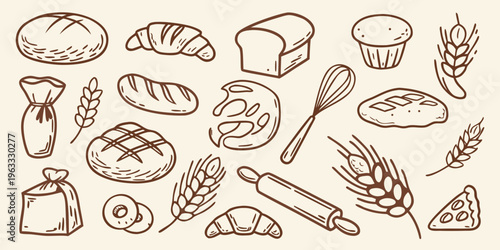 Hand drawn illustration of various breads pastries and wheat elements