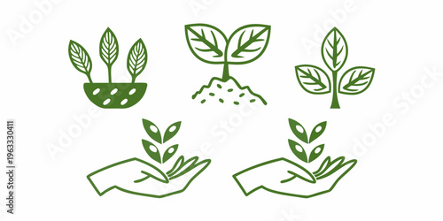 A collection of green plant sprouts and hands holding seedlings