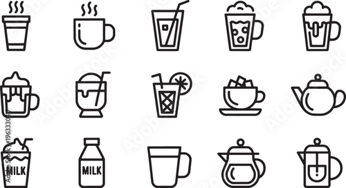 Collection of black line representing various hot and cold beverages and brewing equipment