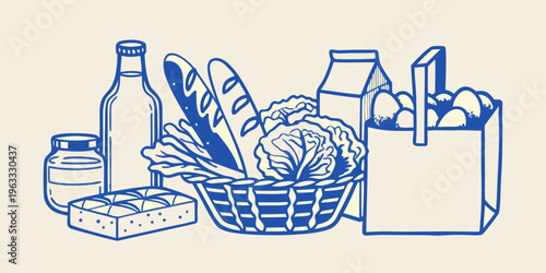 A blue line drawing depicting a variety of grocery store food items