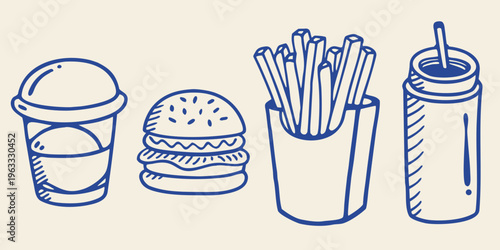 Hand drawn illustration of fast food burger fries and a drink