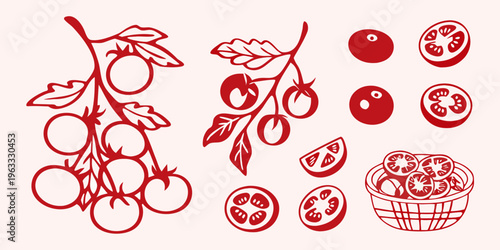 Red tomato illustrations with vine slices and a woven basket