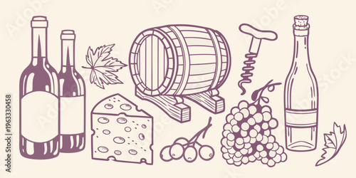 A charming sketch depicts wine cheese and related accessories