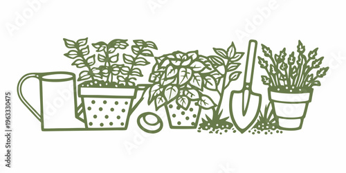 A collection of gardening tools and potted plants in green hues