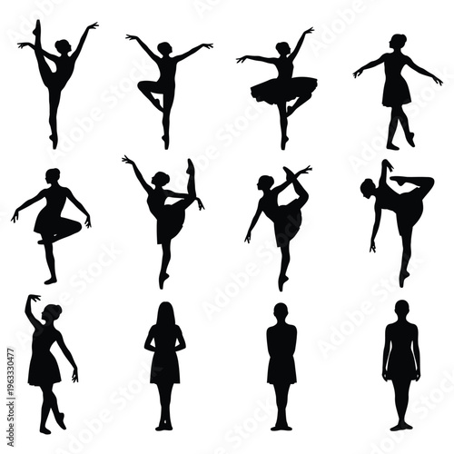 Twelve black silhouettes of ballerinas in various poses