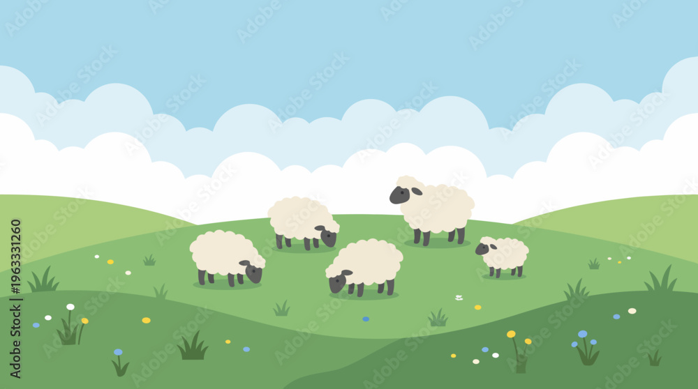 Fototapeta premium Flock of Sheep Grazing Peacefully in a Green Pasture.