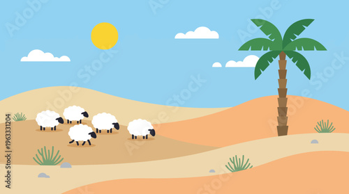 Flock of Sheep Grazing in a Desert Landscape Illustration.