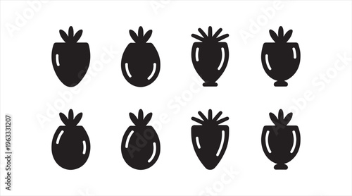 Minimal strawberry silhouette icons set, black berry fruit symbols isolated on clean background for food and dessert design