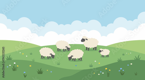 Flock of Sheep Grazing Peacefully in a Green Pasture.