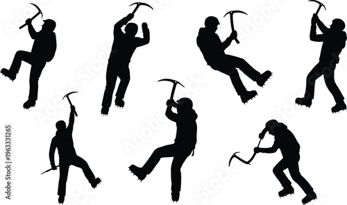 Silhouette Collection Of Ice Climbers With Ice Axes And Crampons In Various Poses ice climbing gear