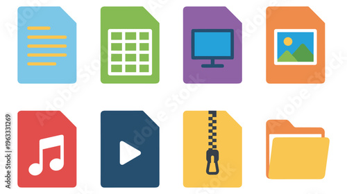 Set of flat icons for document, spreadsheet, monitor, picture, music, video, zip, folder