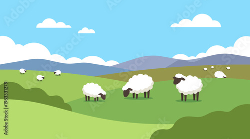 Flock of Sheep Grazing Peacefully in a Green Pasture Illustration.