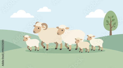 Flock of Sheep Illustration in a Field.