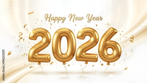 Golden inflatable 'Happy New Year 2026' balloons with shimmering confetti on an elegant, festive background, perfect for holiday greetings and celebrations