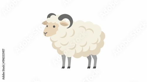Illustration of a ram with fluffy wool and curved horns.
