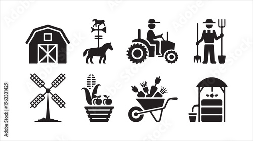 Agriculture and farming silhouette icons set with barn tractor farmer tools crops and rural elements in minimal black design