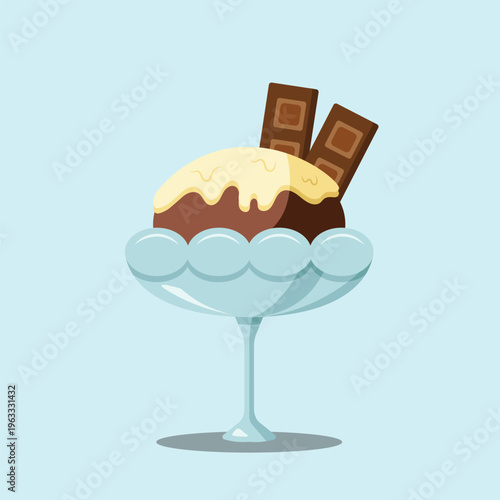 Chocolate Ice Cream Sundae in Glass Bowl with Chocolate Bars. Sweet Cocoa Dessert with Creamy Topping. Cold Summer Treat Vector Illustration on Light Blue Background.