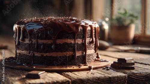 Delicious chocolate cake on wooden table.