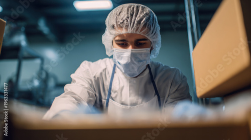 An employee in protective gear carefully inspects packaged products at a food processing plant ensu quality control measures are followed.