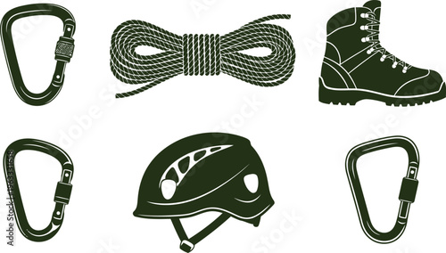 Essential climbing equipment set vector icons for adventure and safety
