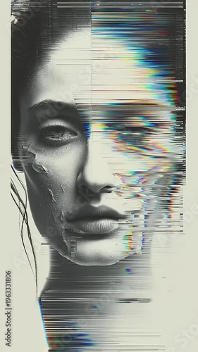 Glitch Art Distorted Woman Portrait.