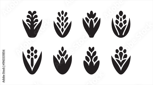 Black wheat symbol set, minimalist cereal crop illustrations for harvest, bakery, and organic agriculture use