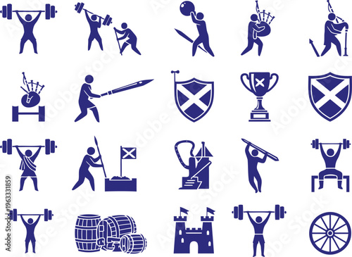 Blue silhouette icons set for Scottish Highland Games sports and cultural heritage