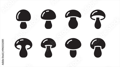 Black mushroom symbol set, minimalist edible fungus illustrations for nutrition, kitchen, and farming design use