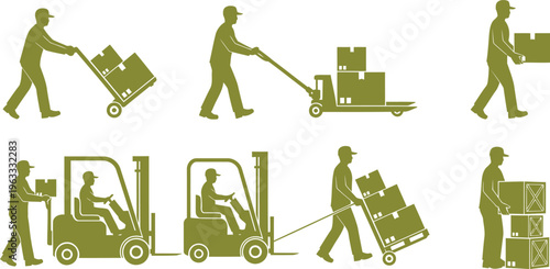 Warehouse worker silhouettes illustrating various manual and mechanical material handling tasks.