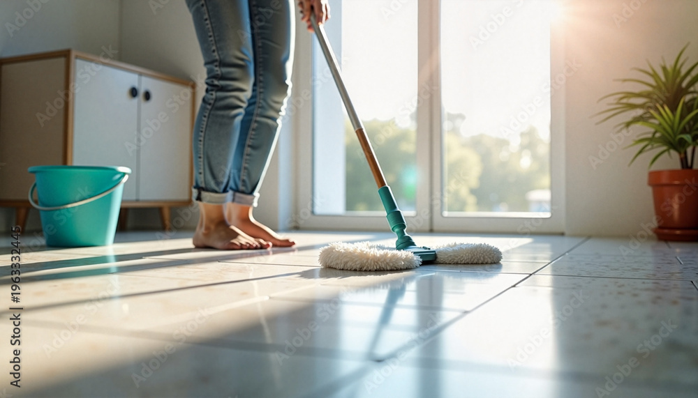 Fototapeta premium Cleaning service worker mopping tiled floor barefoot in sunny home interior