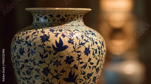 funerary. Close-up of a ceramic urn with a blue and white mosaic dove pattern. event programs, museum guides, designed for cultural heritage projects and event programs, preserves heritage.
