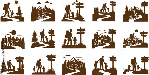 Father and child hiking silhouettes set for outdoor adventure concept designs