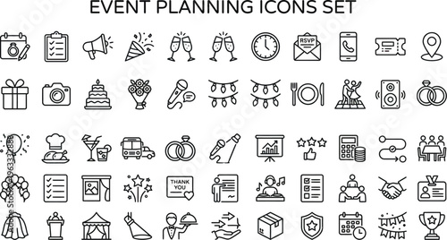 Event planning icons set for organization and management, including symbols for coordination and scheduling, a collection of signs for meetings and parties, event planning tools and resources.