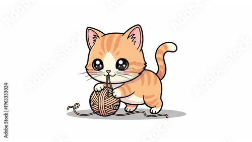 Orange Kitten Playing with Yarn Ball.