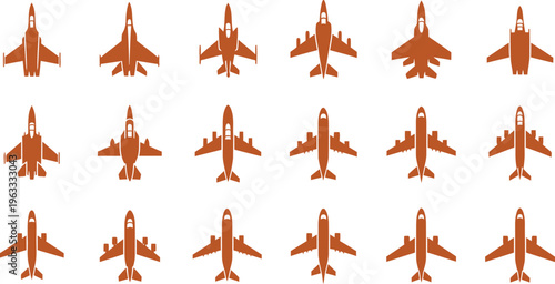 Collection of various airplane and jet aircraft top view silhouette icons set