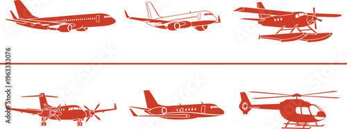 Collection of six different aircraft silhouettes including passenger jets and helicopter transportation icons.