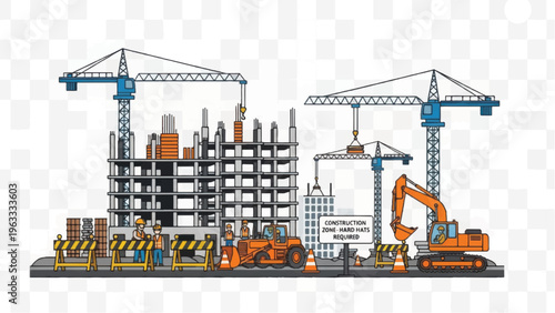 Urban Construction Site Illustration with Tower Cranes and Heavy Equipment. Real Estate Development Concept on Transparent Background.