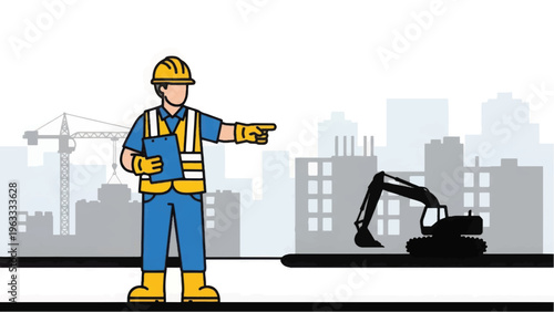 Construction Site Foreman Directing Work. Engineer Supervising Safety and Operations on Urban Building Project. Vector Illustration.