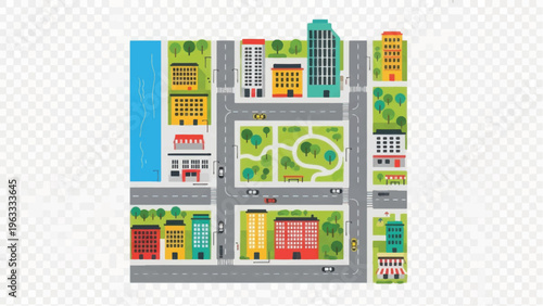 Aerial View Cityscape Map Layout. Stylized vector illustration of urban infrastructure, buildings, roads, central park, and water.