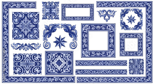 Portuguese Azulejo Tile Motifs and Baroque Vector Borders