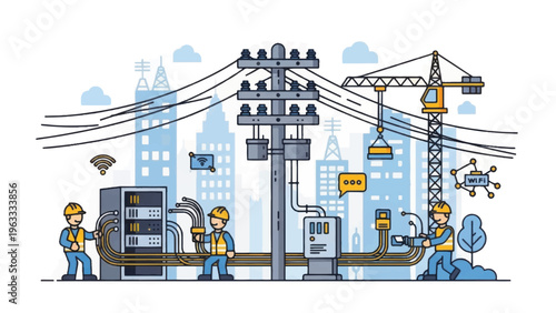 Electric Utility Infrastructure Maintenance, Power Grid Installation and Repair Service by Professional Workers in Urban City Outline Illustration