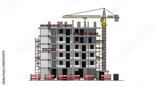 Construction Site Sketch: Multi-Story Building Framework with Tower Crane. Architectural Development Hand-Drawn Vector Illustration.