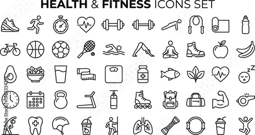 Health and fitness icons set for wellness, exercise, nutrition, and lifestyle, including symbols for sports, body care, and healthy habits in a simple line style.