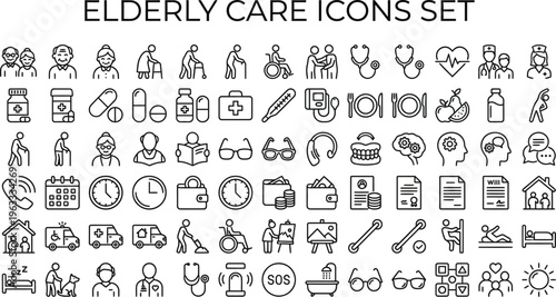 Elderly care icons set for healthcare and medical services