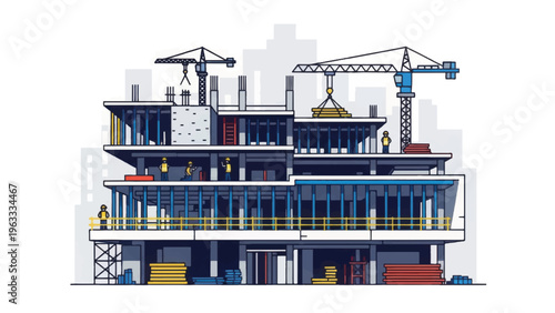 Modern Building Construction Site with Tower Cranes in Urban Setting. Architecture, Engineering, and Real Estate Development Concept Illustration.