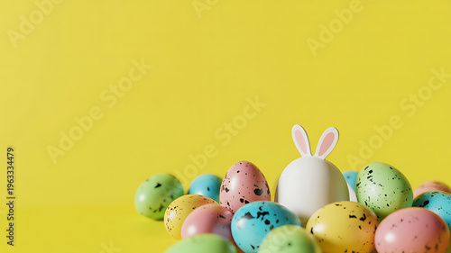 Colorful easter eggs with bunny ears on yellow background