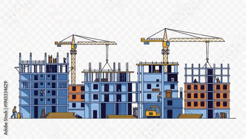 Urban Construction Site Illustration: High-rise Buildings, Tower Cranes, and Development Progress on Transparent Background