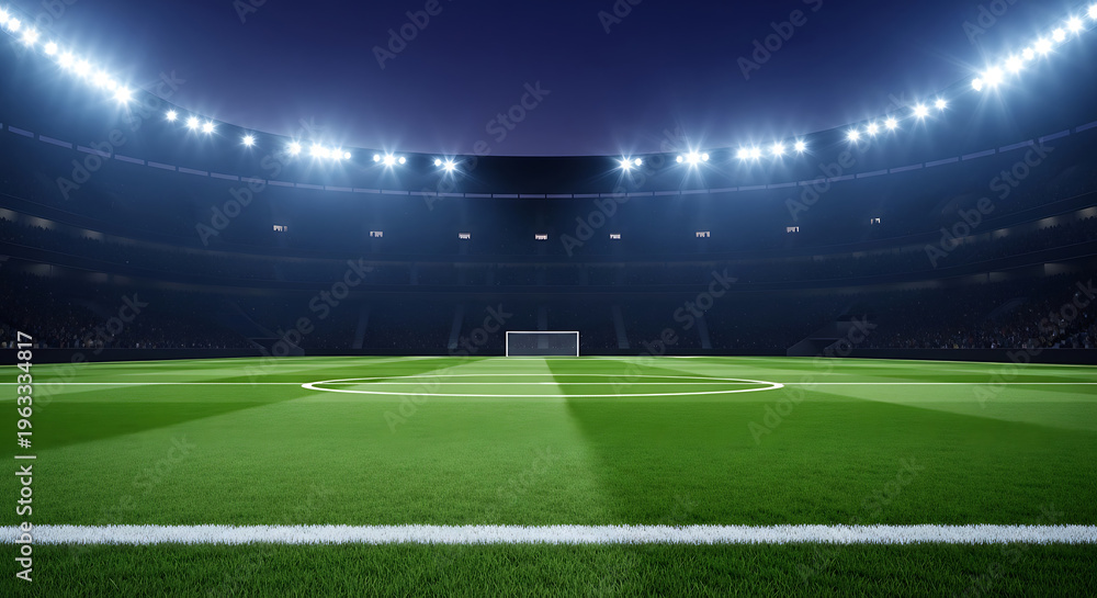 Fototapeta premium empty soccer stadium field at night with lights on
